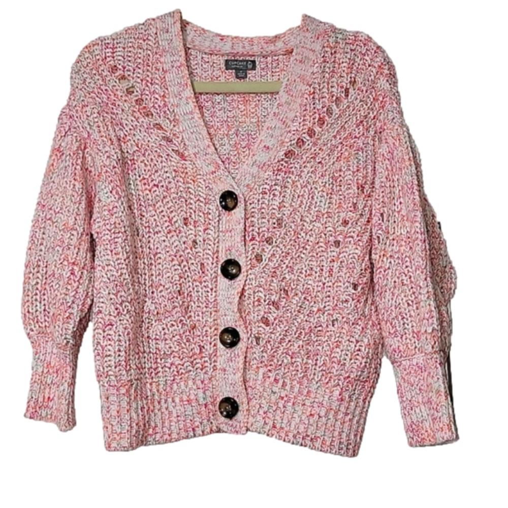 CUPCAKE CLOTHING LTD "CARA" Puff-sleeve sweater Size Medium Pink open knit HTF